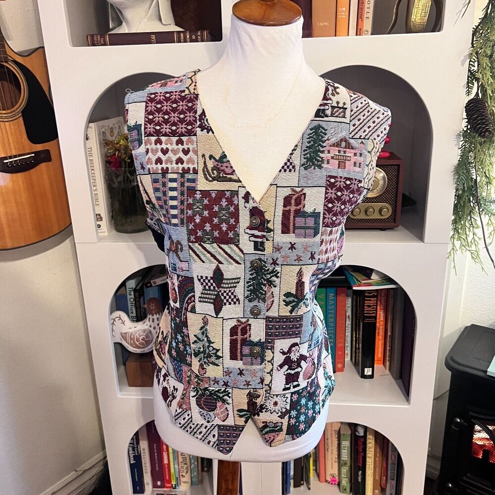 Bobbie Brooks Womens Vintage Tapestry Christmas Santa Vest Sz M 90s Grandma‎